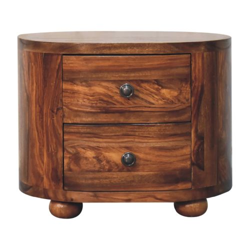 Sheesham wood bedside cabinet featuring a curved rectangular shape, warm brown colour, prominent natural grain 