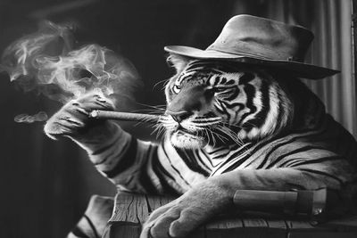Tiger in hat smoking a cigar finished in black & white