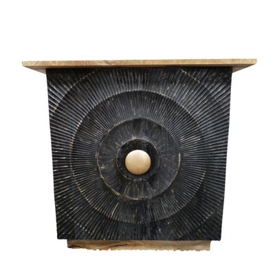 A very useful addition to your home. Its a bar counter that doesn't take up too much space. At just 114 cm wide, you will wonder how you did without it.
It is made from mango wood, and has a interesting circular design on the black front of the counter. It's just the right height too, when you are pouring the drinks, and it sports very useful shelves on the reverse side for storing glasses or booze!  
