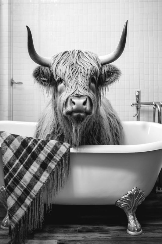 Highland Cow in bath in black & white finish