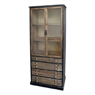 Tall Wall Unit.  Antique Black Finish with 4 wide drawers finished in recycled repurposed wood and upper two door display door cabinet with two shelves.