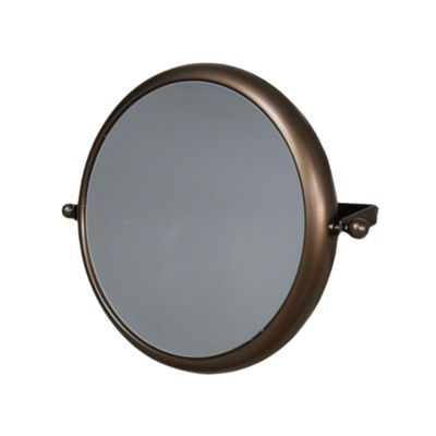 Round adjustable wall mirror with a smooth metal frame in an aged bronze finish, mounted on side brackets for tilt adjustment