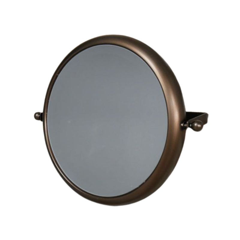 Round adjustable wall mirror with a smooth metal frame in an aged bronze finish, mounted on side brackets for tilt adjustment