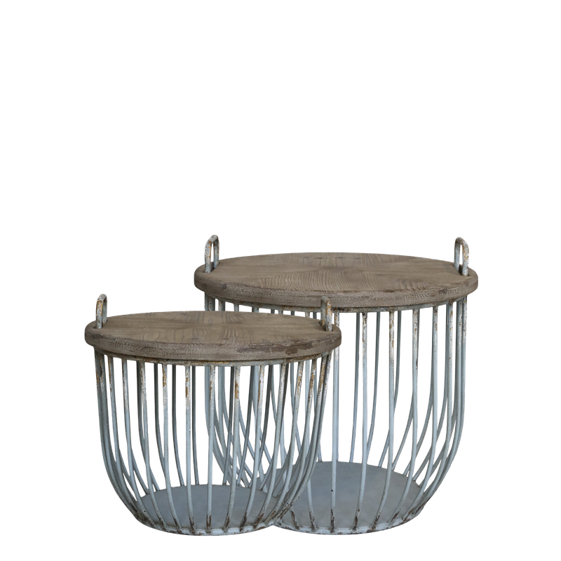 Two useful coffee tables with Cypress wooden top surfaces, and a base which can either be left empty to show off the style, or used for storage. In the style of a lobster pot.