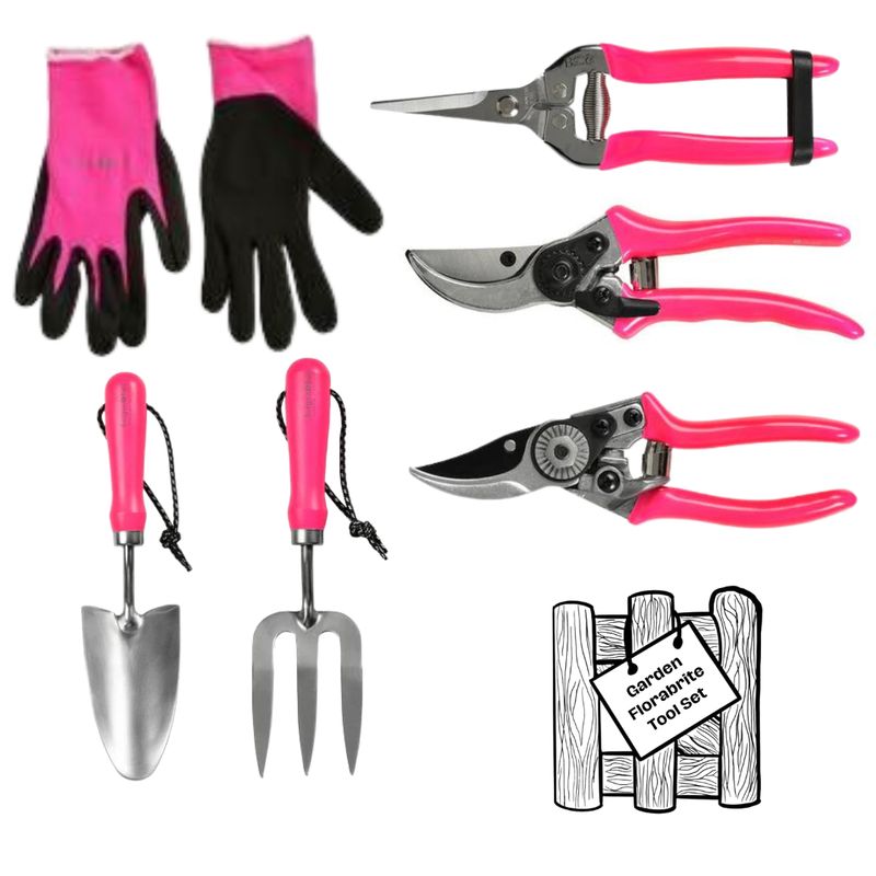 Burgon & Ball Florabrite Garden Tool Set
Fluorescent Pink Finish.
Gloves, Hand Folk and Trowel, Snips, Pruner Secateurs, Bypass Secateurs.