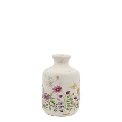 An absolutely beautiful range of chinaware with a wild flower design.This image is the pretty Medo bottle which is available separately as well as part of the complete set. 
The set has a cream finish.