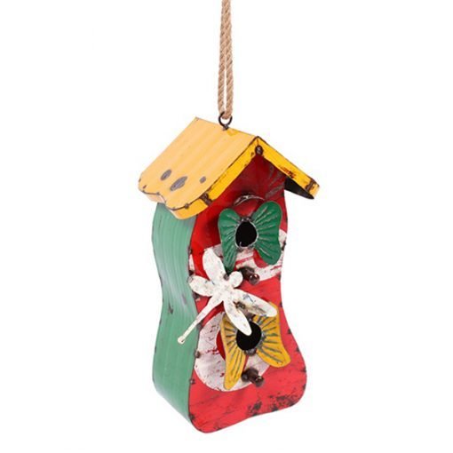 Recycled Bird Hideaway
Yellow roof, red front, turquoise side, white Dragonfly and two entrance holes