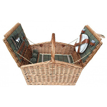 Four Person Green Tweed Double Lid Picnic Hamper