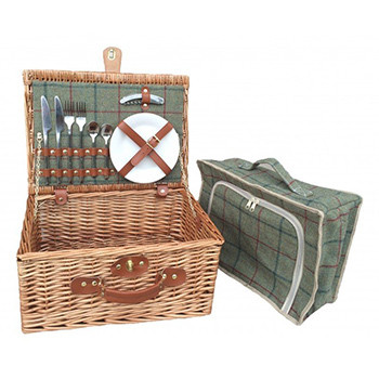 Two Person Green Tweed Picnic Hamper
