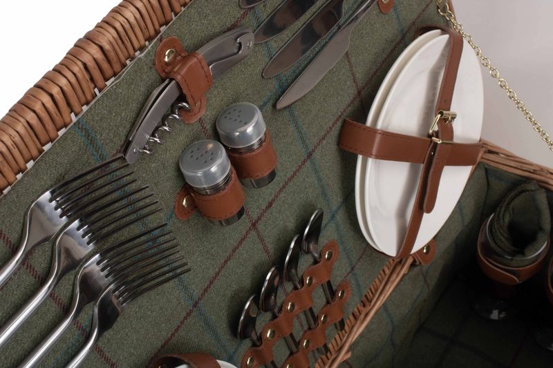 Four Person Green Tweed Picnic Hamper