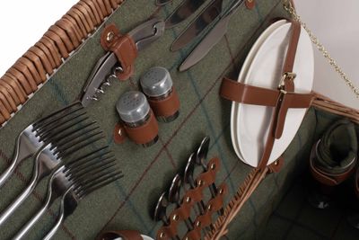 Four Person Green Tweed Picnic Hamper
