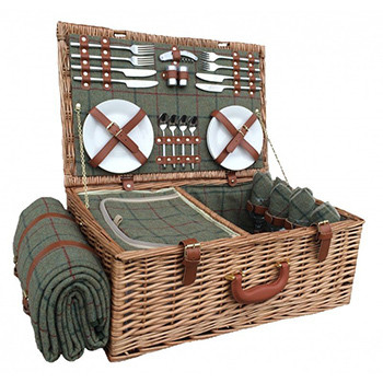 Four Person Green Tweed Picnic Hamper