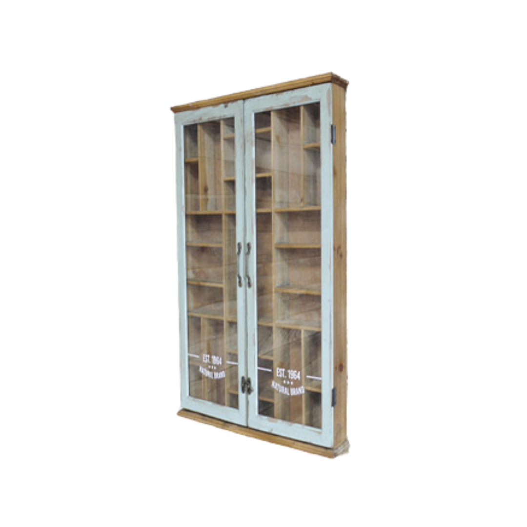 Natural Brand 1964 glazed wall cabinet with vintage-style lettering, glass-fronted door and rustic industrial detailing.