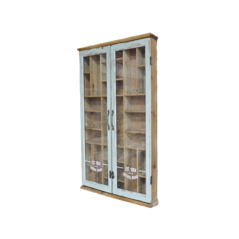 Natural Brand 1964 glazed wall cabinet with vintage-style lettering, glass-fronted door and rustic industrial detailing.