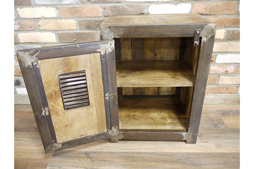 Rustic industrial bedside cabinet made from solid wood with a weathered finish, featuring a single cupboard door framed .