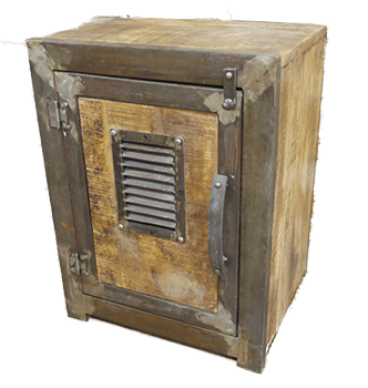 Rustic industrial bedside cabinet made from solid wood with a weathered finish, featuring a single cupboard door framed .