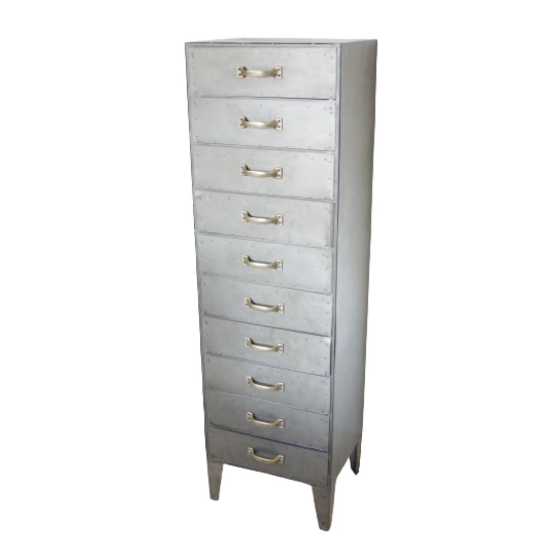 The Bertie Industrial Cabinet Bertie Industrial Cabinet with a tall, narrow design, rustic finish and industrial-style detailing, offering practical drawer