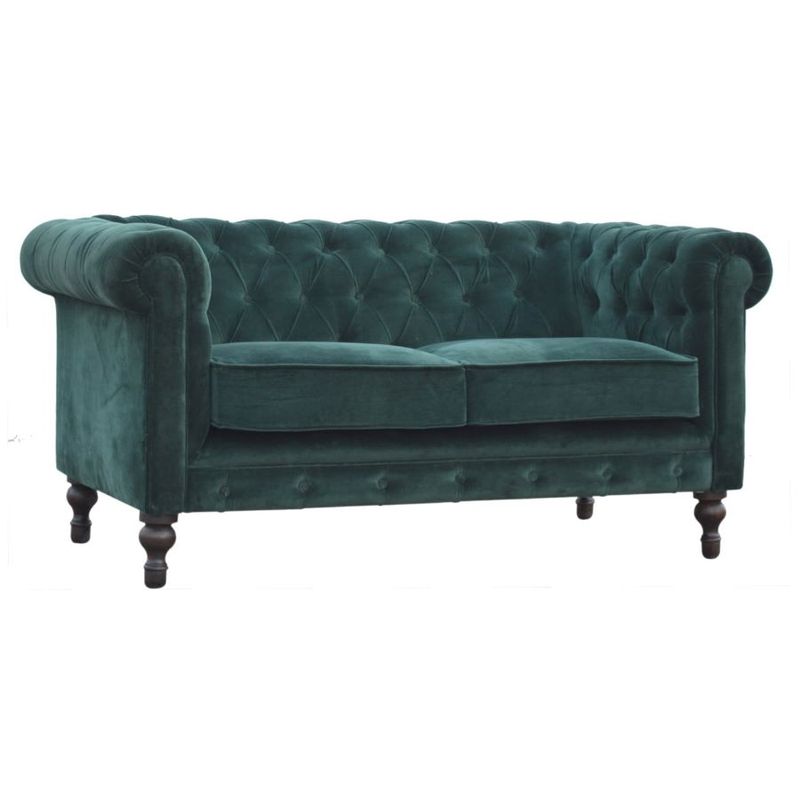 Emerald Green Velvet
Chesterfield Sofa
Two Seater
Turned walnut finish feet