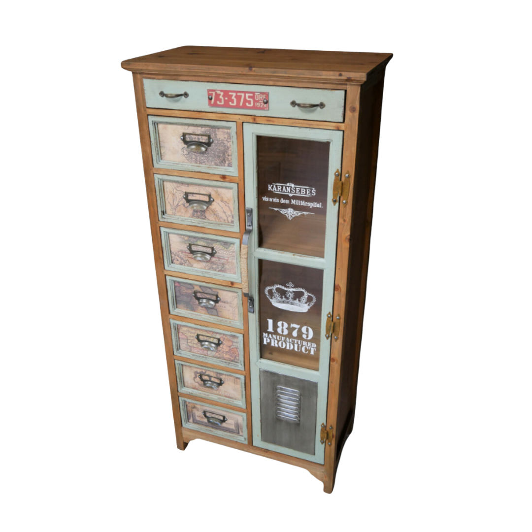 1879 Wall Storage Cabinet This is the front image of our 1879 Storage Cabinet, showing the array of drawers and compartments that make this unit so useful.
It is made from fine fir wood and stands an impressive 127 cm, with a 59 cm width.