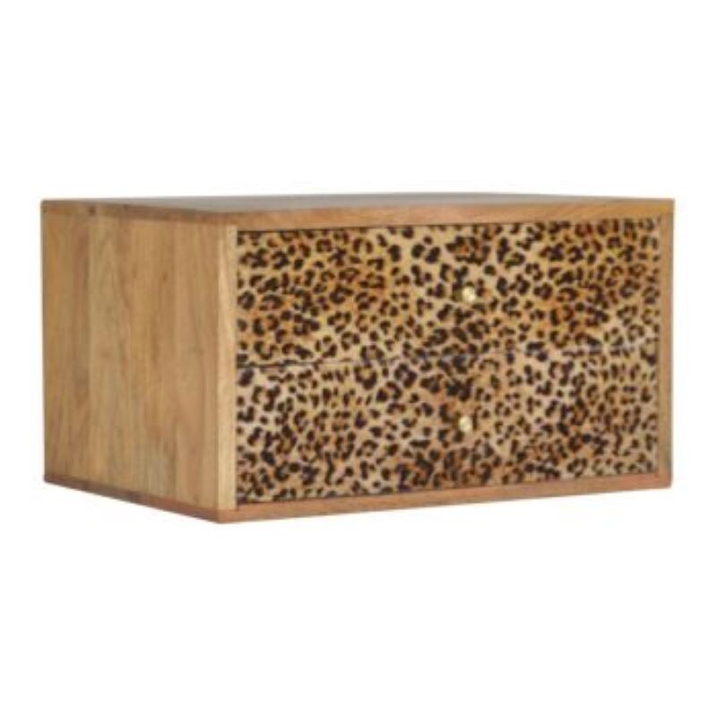 Leopard Print Wall Bedside Cabinet with oak effect casing.