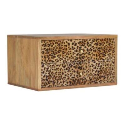 Leopard Print Wall Bedside Cabinet with oak effect casing.
