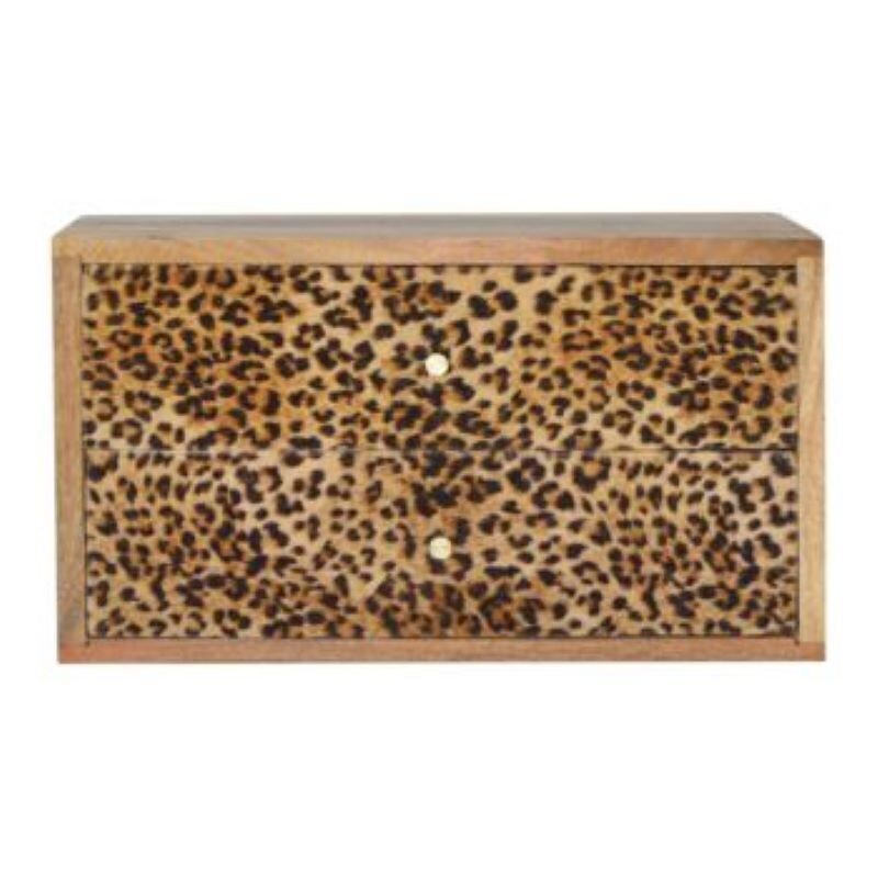 Leopard Print Wall Bedside Cabinet with oak effect casing.