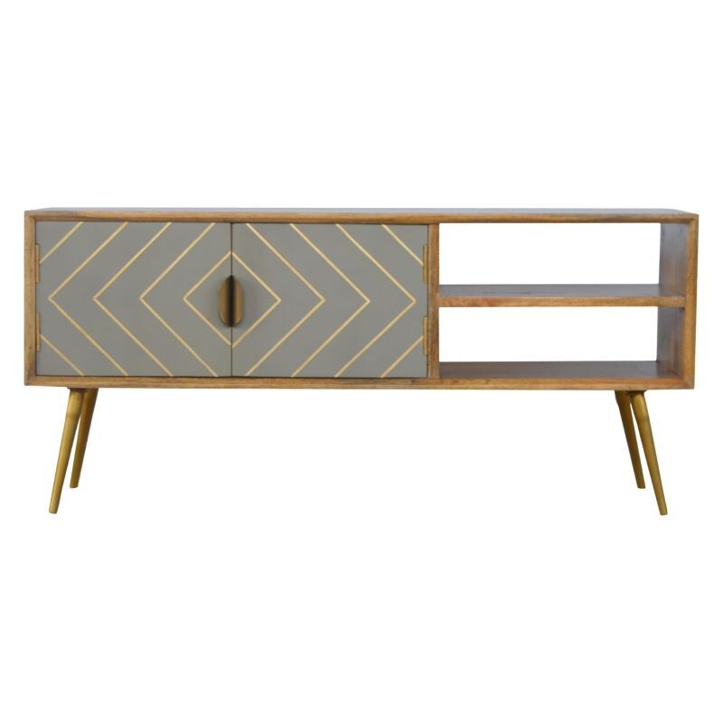 Cement finish media unit with brass inlay detailing