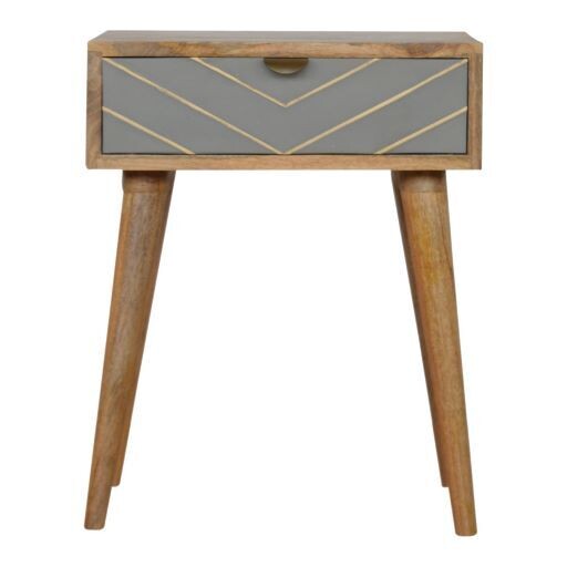 Cement finish bedside cabinet with brass inlay, drawer and open shelf