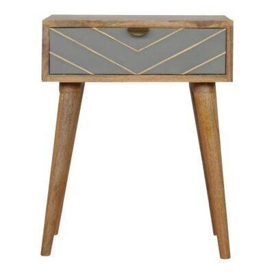 Cement finish bedside cabinet with brass inlay, drawer and open shelf