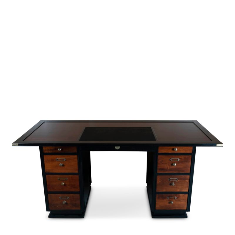 Toledo desk in distressed black and warm honey wood, with leather inset top, metal detailing and generous drawer storage.