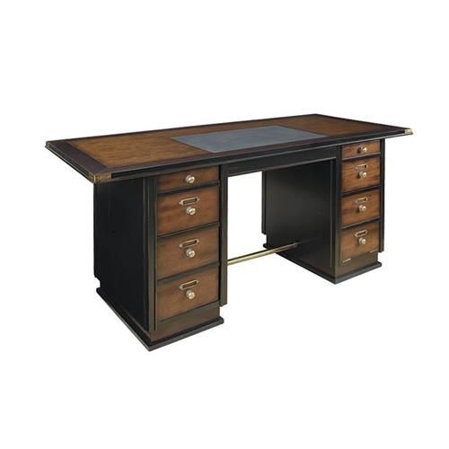 Toledo desk in distressed black and warm honey wood, with leather inset top, metal detailing and generous drawer storage.