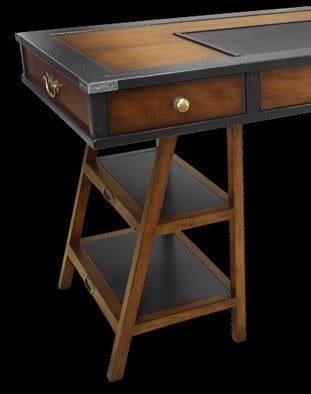 Navigator’s Desk with leather writing surface, distressed grey finish and distinctive stepped supports inspired by traditiona