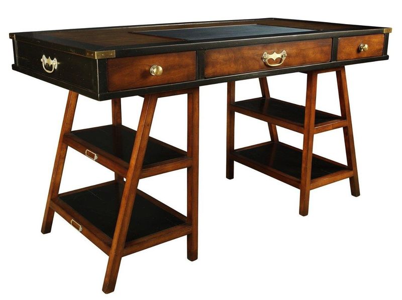 Navigator’s Desk with leather writing surface, distressed grey finish and distinctive stepped supports inspired by traditiona