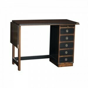 Vintage-style wooden desk with dark leather top, five drawers, metal detailing and a warm distressed finish.