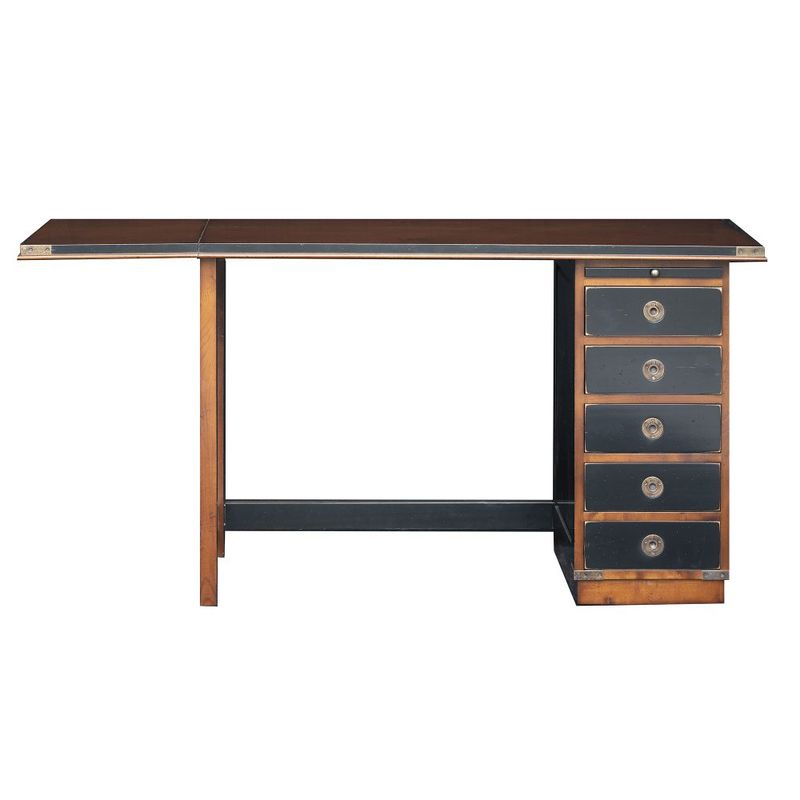 Vintage-style wooden desk with dark leather top, five drawers, metal detailing and a warm distressed finish.
