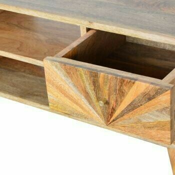 Wooden TV media unit with sunburst-patterned cupboard doors and open shelves