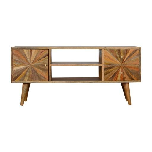 Wooden TV media unit with sunburst-patterned cupboard doors and open shelves