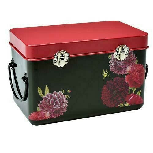 British Bloom Design - dark background with red, pink blooms.
Seed Storage tin.  Red Lid