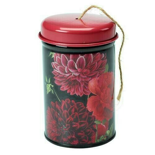 British Bloom Design - dark background with red, pink blooms.
Twine Tin with red lid