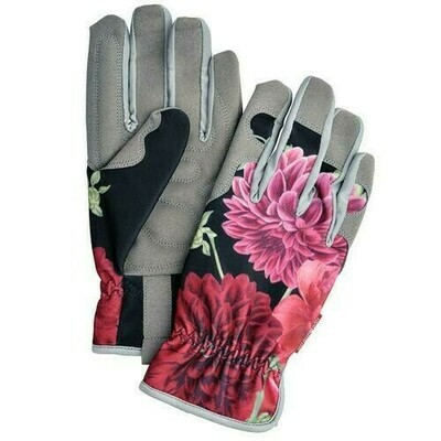 RHS British Bloom Gardener's Gloves British Bloom Design - dark background with red, pink blooms.
Garden gloves with grey trim and palms