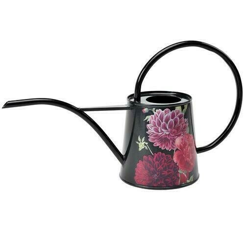 British Bloom Design - dark background with red, pink blooms.
Indoor watering can - thin long spout and up and over oval handle