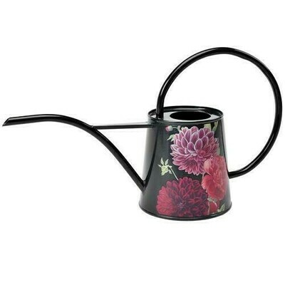 British Bloom Design - dark background with red, pink blooms.
Indoor watering can - thin long spout and up and over oval handle