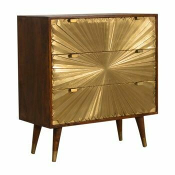 See the front and side view where the golden design marries well with the chestnut finished solid mango wood.