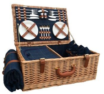 Four Person Blue Tweed  Picnic Hamper