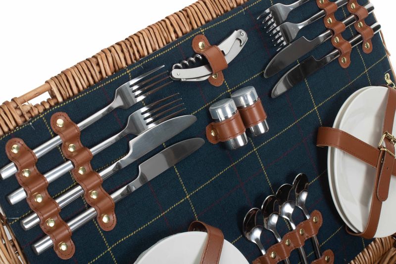 Four Person Blue Tweed Picnic Hamper