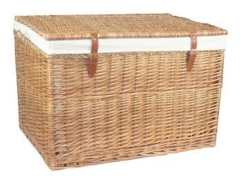 Steamed storage hamper with white lining
large Rectangular in shape with leather buckle straps