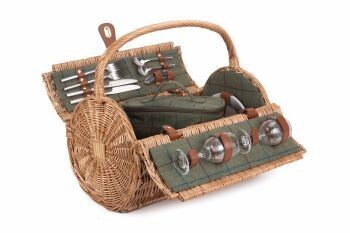 Two Person Green Tweed Barrel Picnic Hamper