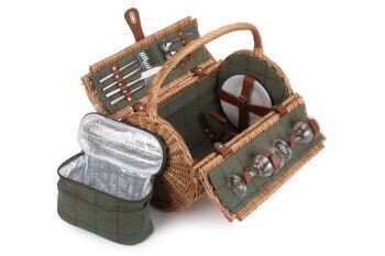 Two Person Green Tweed Barrel Picnic Hamper