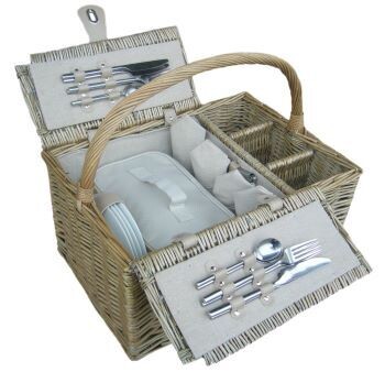Four Person Antique Wash Lidded Picnic Hamper