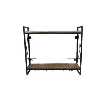 Wall-mounted wine shelf in warm mango wood and black iron, with storage for bottles and hanging wine glasses.